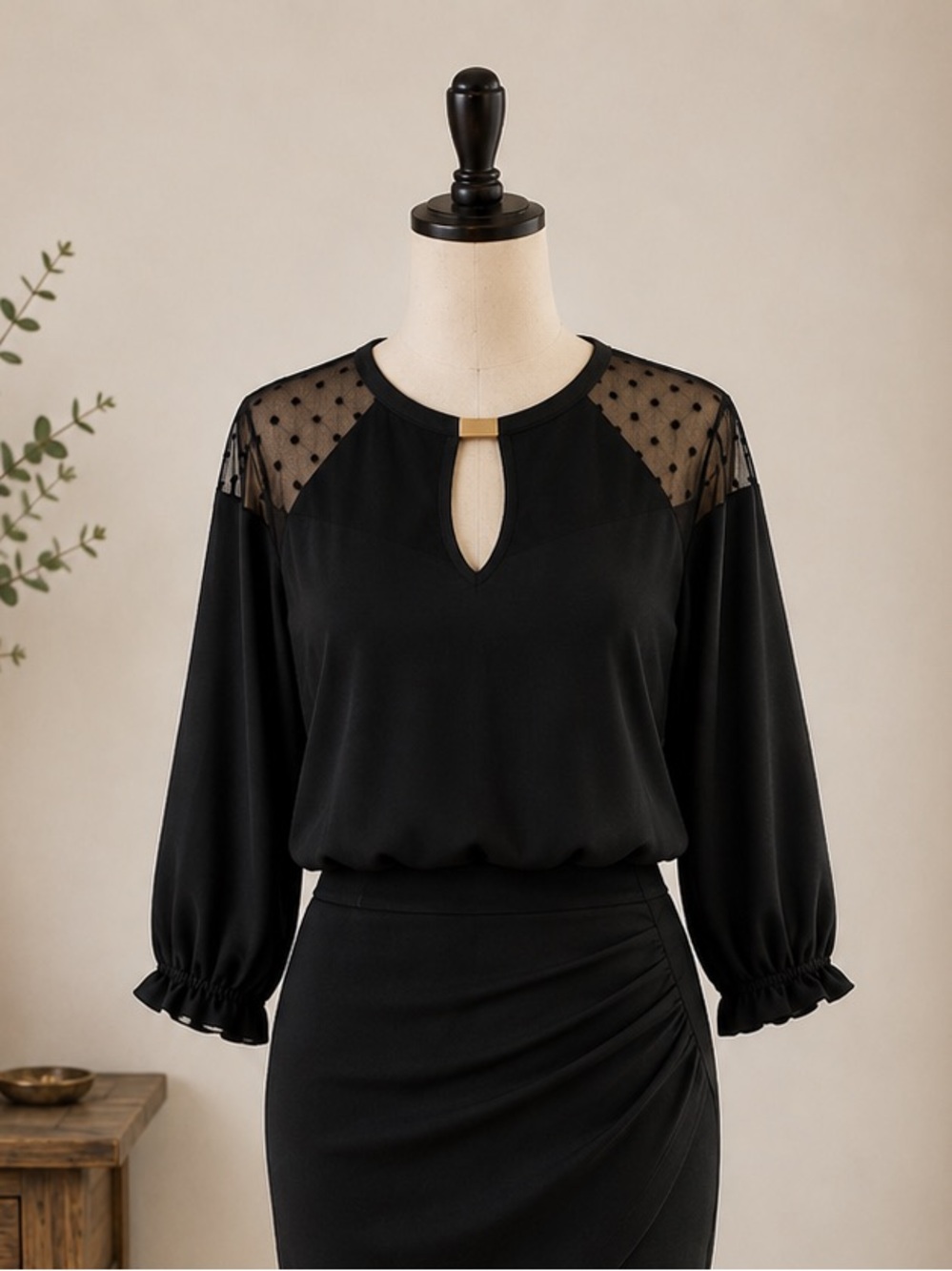 Black Sheer Polka Dot Mesh Blouse Romantic Evening Top Adrienne Vittadini L